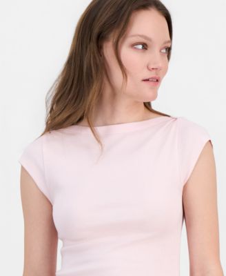 Juniors' Boat-Neck Cap-Sleeve Cotton T-Shirt