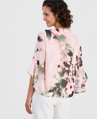 Petite Flutter-Sleeve Keyhole-Cutout Top