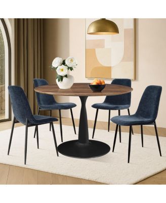 5-Piece Round Dining Table Set with Metal Base and Walnut Top, Modern Kitchen Table and Chairs for 4, Space-Saving Small Dining Set