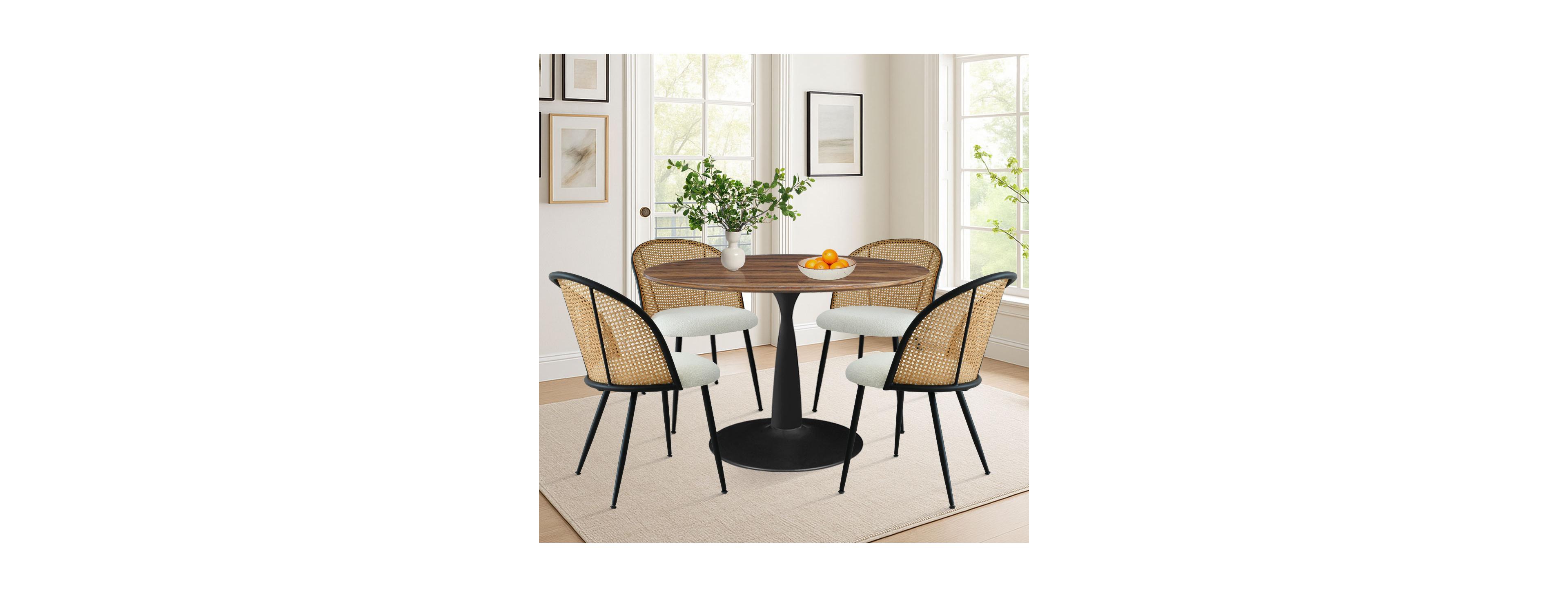 Maison Boucle 5-Piece Round Dining Table Set with Faux Rattan Back Chairs, Walnut Mdf Top and Metal Base, Small Kitchen Table Set for 4