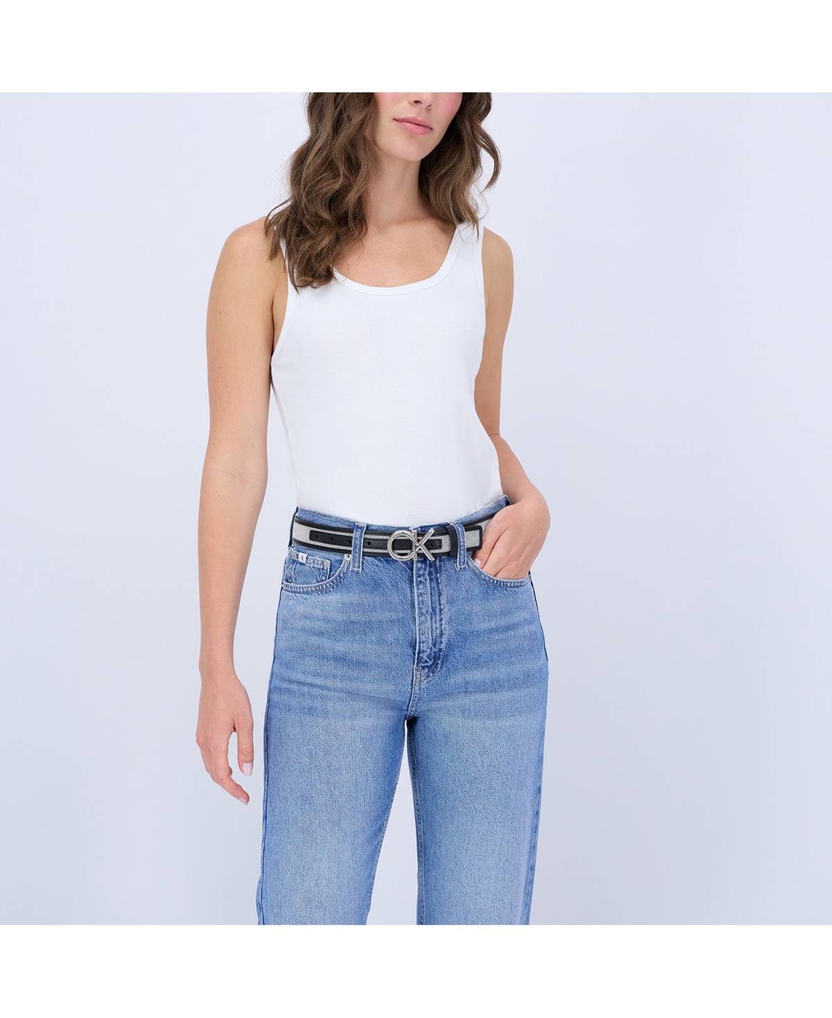 Calvin Klein Women's Woven Inlay Leather Belt with Puff Ck Monogram Buckle