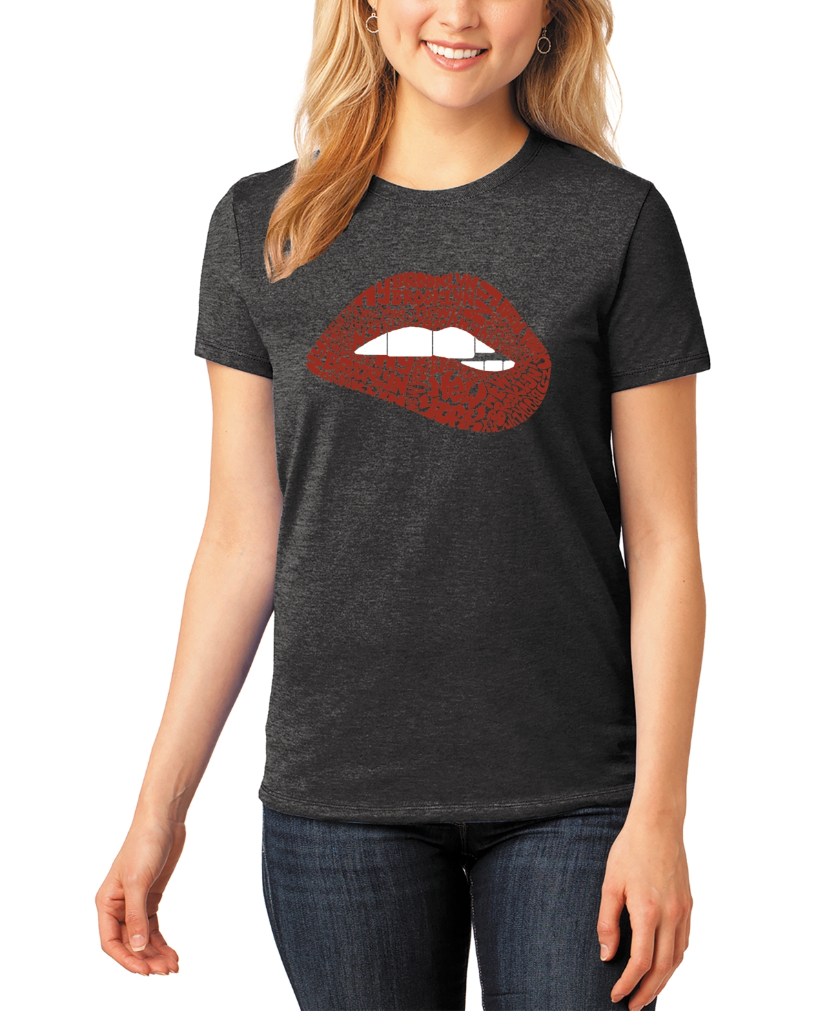 La Pop Art Women's Brooklyn Lips Word Art Crew Neck T-shirt In Black