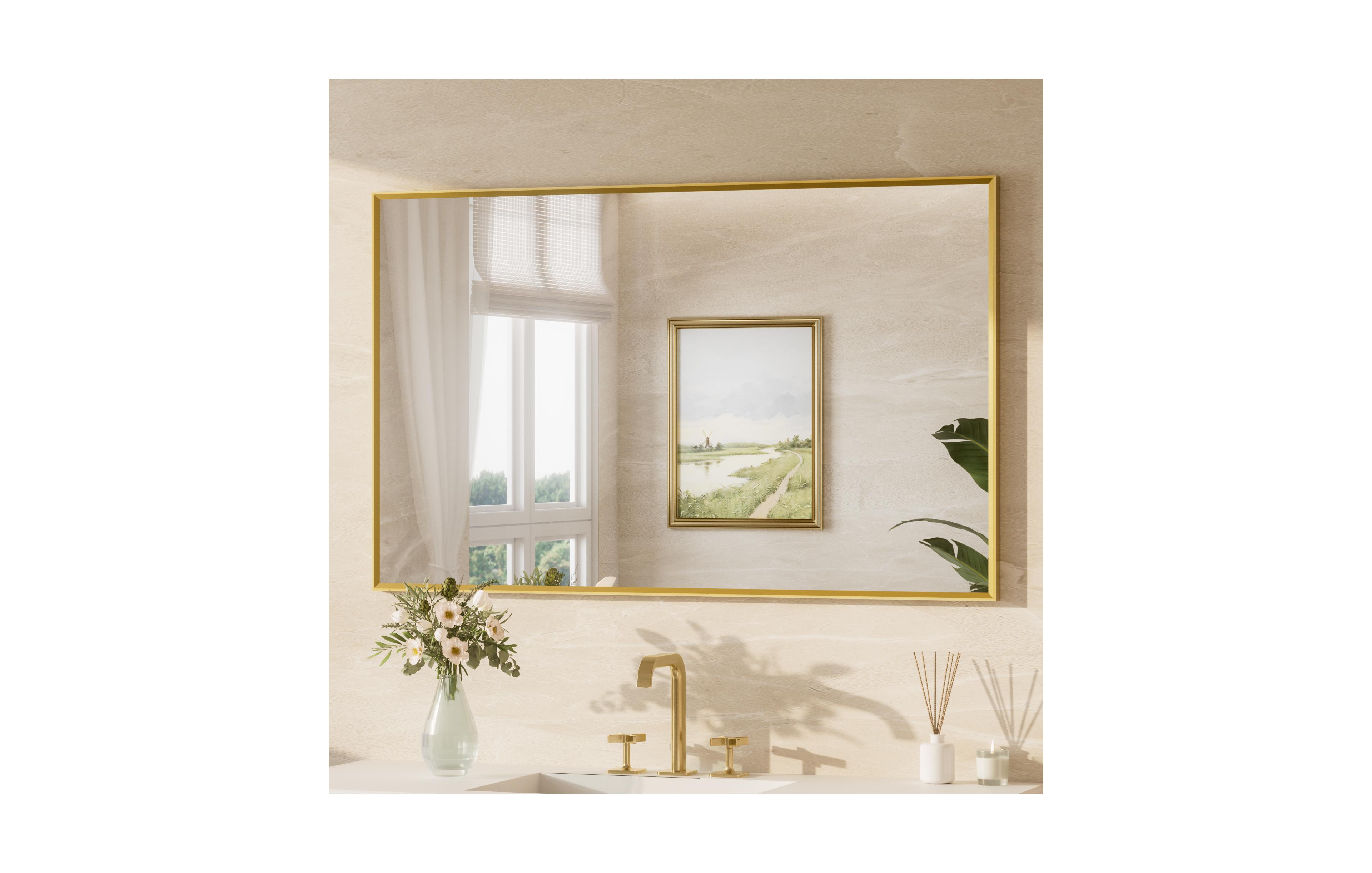 Keonjinn 48x30 Inch Brushed Gold Bathroom Vanity Mirror Metal Framed Over Sink Wall Mirror Horizontal/Vertical
