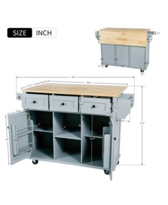 Kitchen Cart with Rubber Wood Drop Leaf, Internal Storage Racks, Rolling Island with Cabinet and 3 Drawers for Dining Room