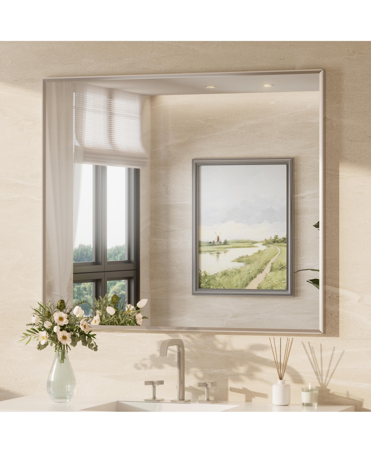 Keonjinn Inch Brushed Nickel Bathroom Vanity Mirror Metal Framed Over Sink Wall Mirror Horizontal/Vertical