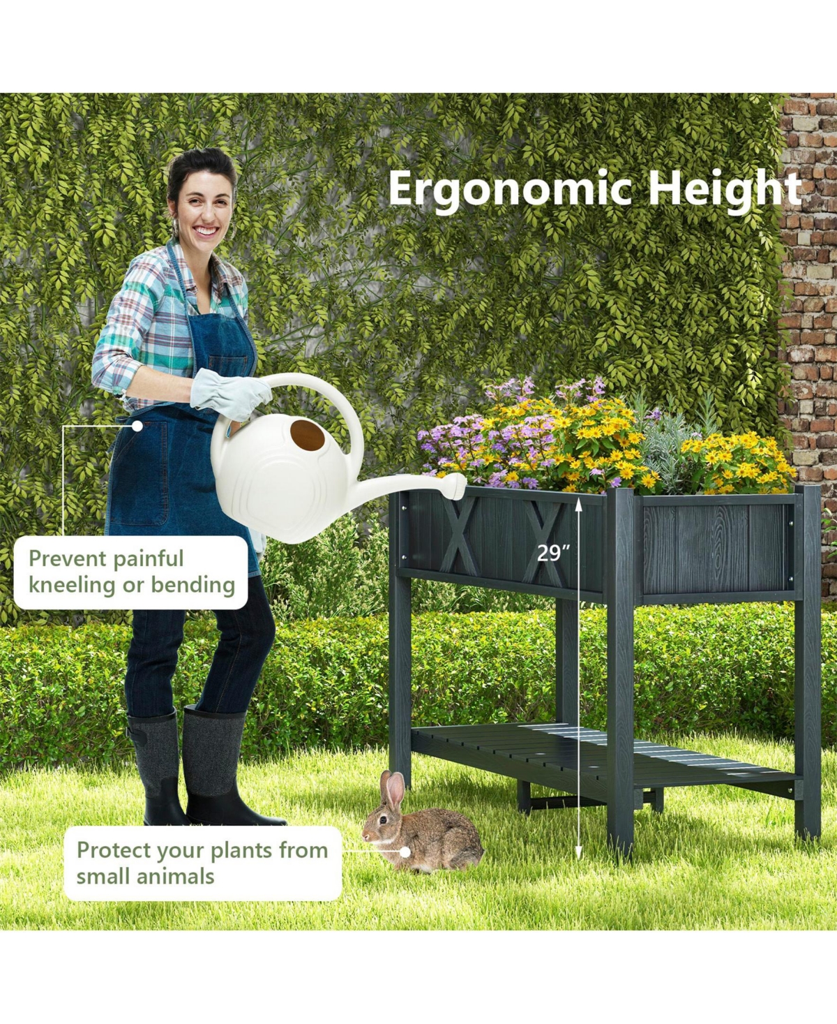 Sugift Pots & Planters Poly Wood Elevated Planter Box with Legs Storage Shelf Drainage Holes-Black