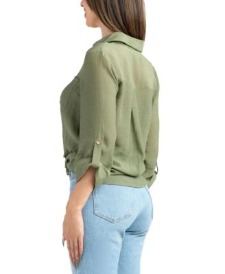 Juniors' Gauzy Texture Collared Button Up Shirt