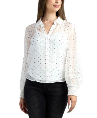 Junior's Flocked Dot Collared Long-Sleeve Top