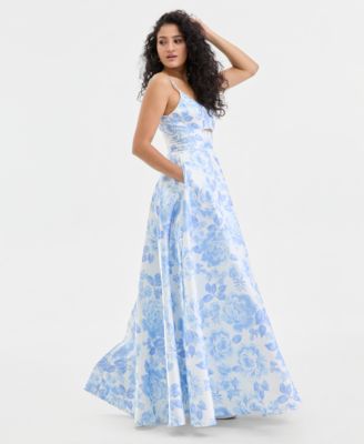 Juniors' Floral Scoop-Neck Satin Gown 
