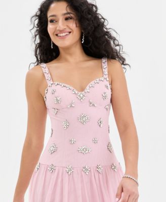 Juniors' Sweetheart-Neck Embellished Mesh Gown 