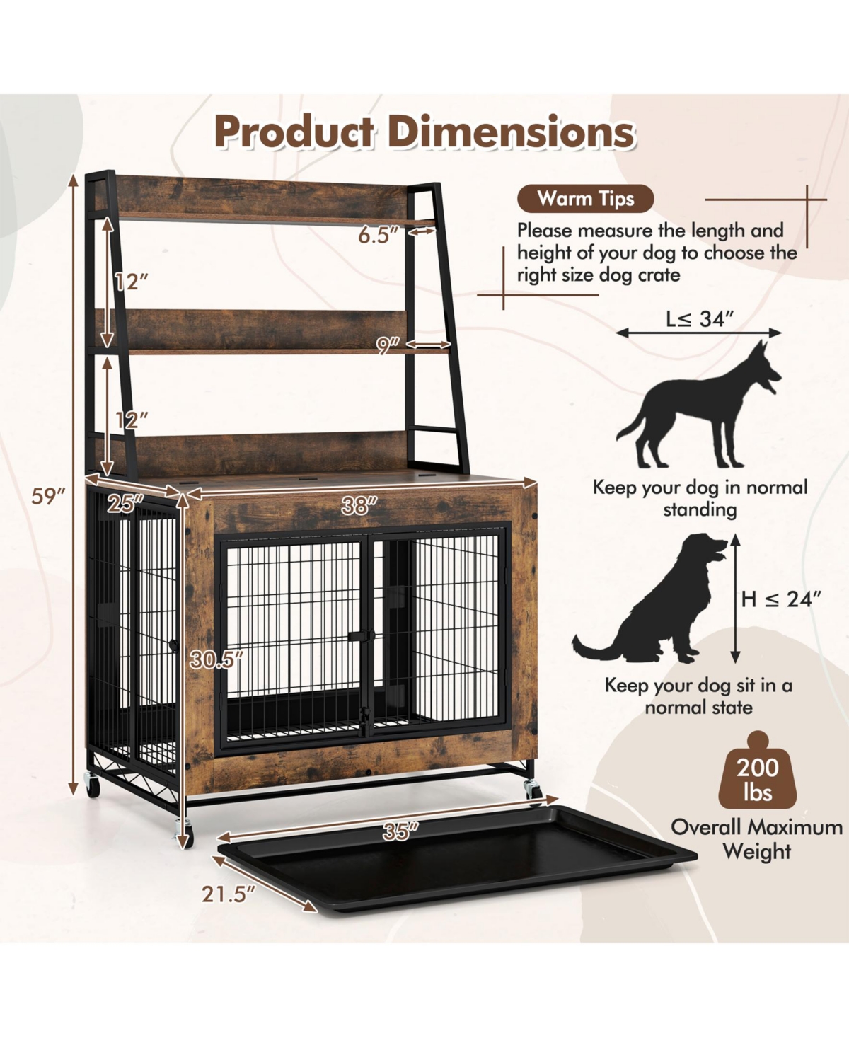 Sugift Industrial Dog Kennel Dog Crate Furniture with Storage Shelves-Rustic Brown