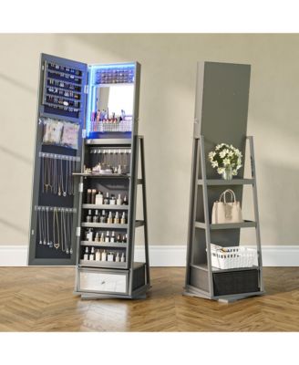 Jewelry freestanding storage mirror cabinet with storage shelves, built-in lights, and rotating feature.