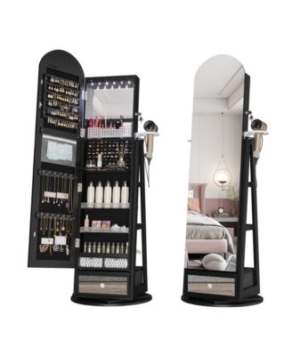 360&deg; Swivel Jewelry Armoire with LED Lights & Lockable Mirror