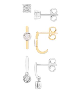 Macy's - 3-Pc. Diamond Stud Earrings (1/4 ct. t.w.) in Sterling Silver and Gold Over Silver