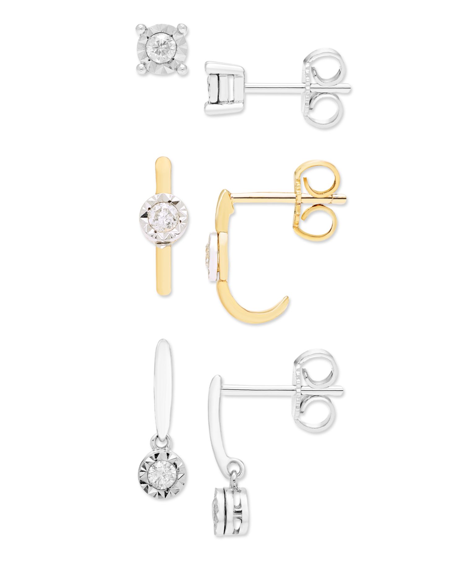 3-Pc. Diamond Stud Earrings (1/4 ct. t.w.) in Sterling Silver and Gold Over Silver