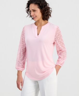 Petite Lace-Sleeve Split-Neck Tunic