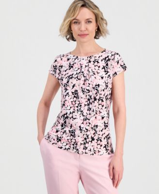 Women's Floral Pleat-Front Cap-Sleeve Top