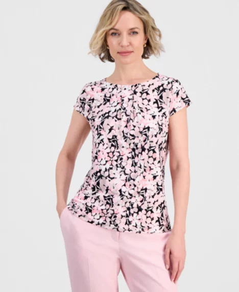 Women's Floral Pleat-Front Cap-Sleeve Top, Regular and Petites - Black Multi