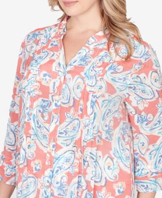 Plus Size Paisley Silky Gauze Button Front Top