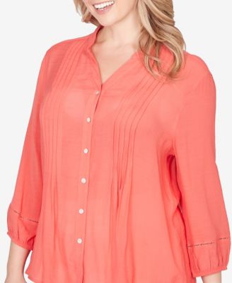 Plus Size Solid Silky Slub Pleated Button Front Top