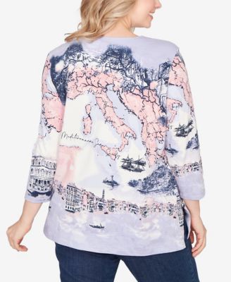 Plus Size Mediterranean Scenic Print Cotton Top