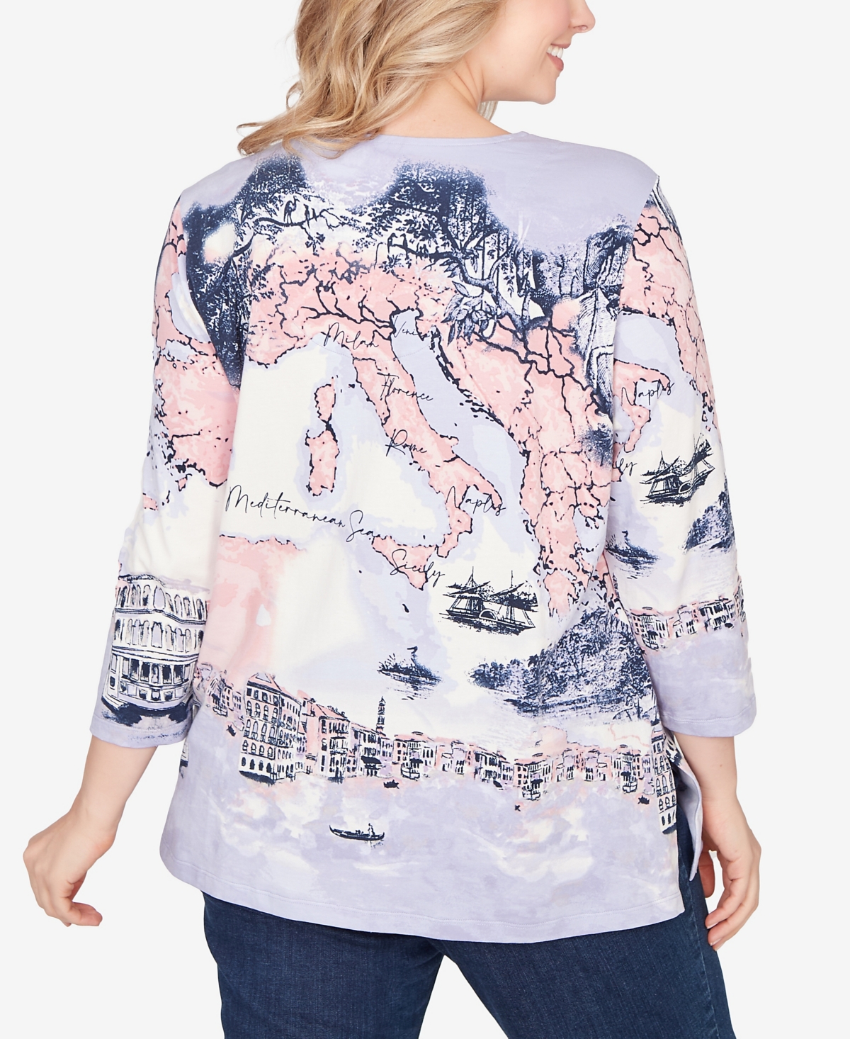 Ruby Rd. Plus Size Mediterranean Scenic Print Cotton Top In White