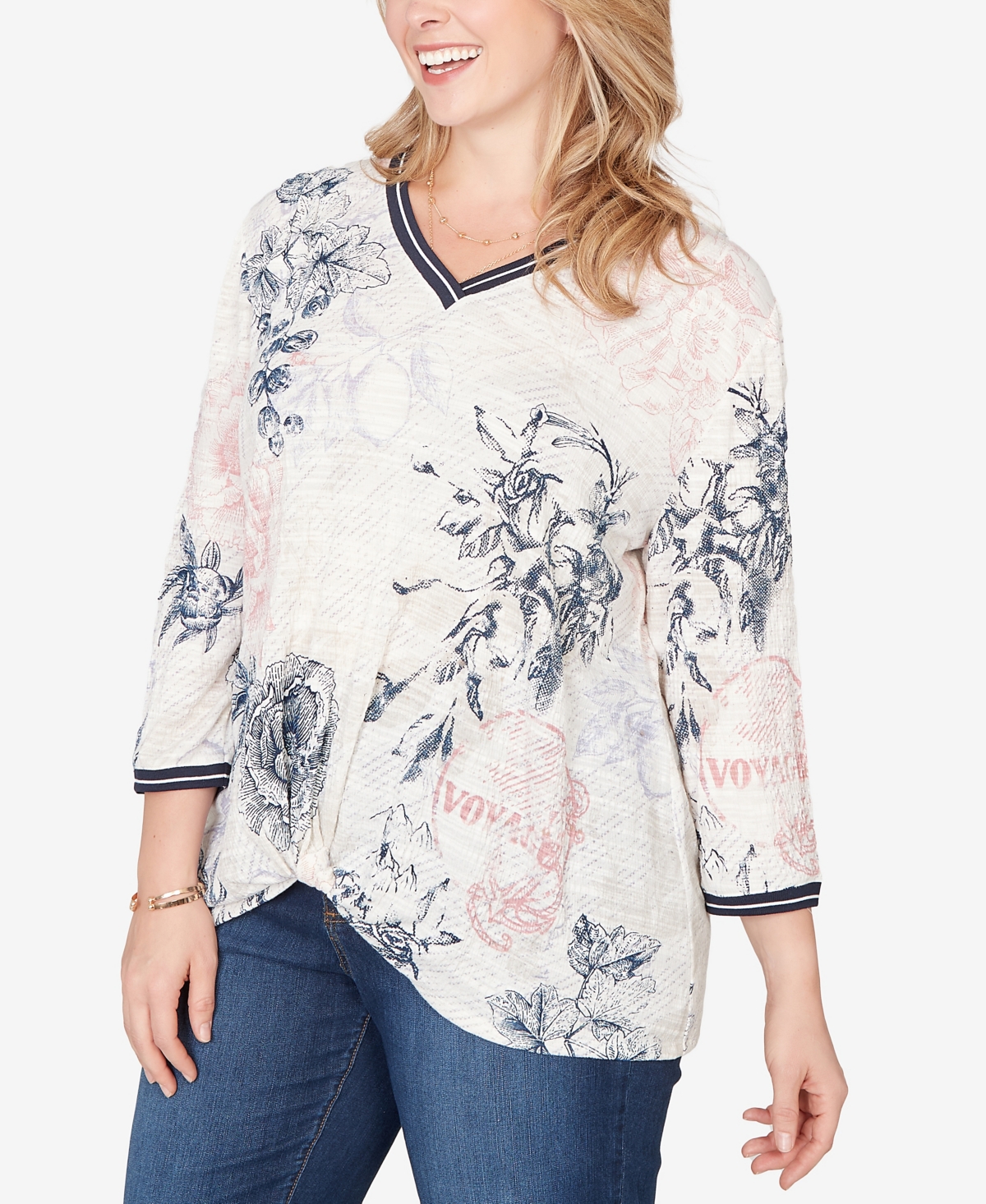 Ruby Rd. Plus Size Botanical Stamp Knit Twist Front Top In White