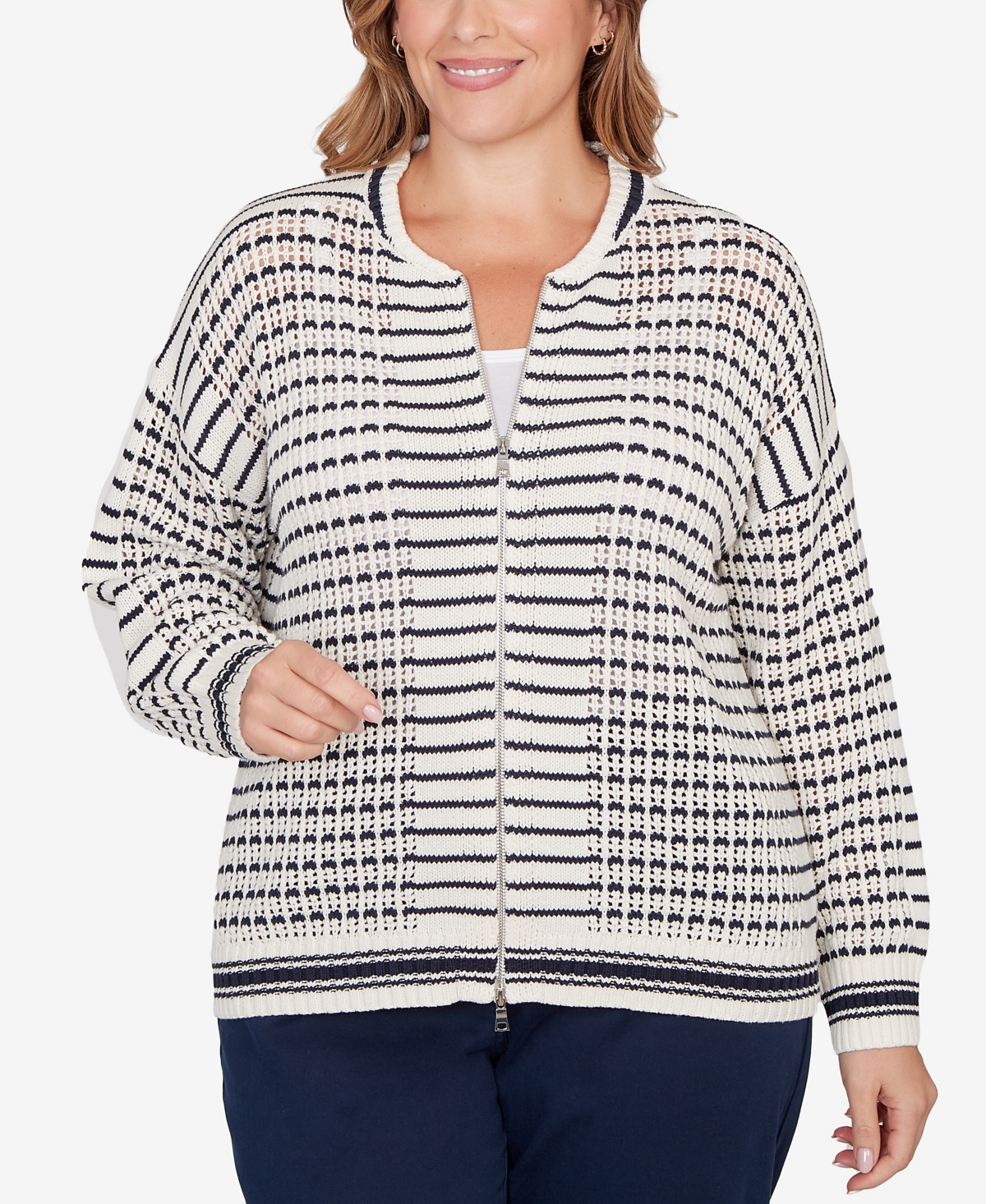 Ruby Rd. Plus Size Mesh Stitch Zip Sweater Jacket In White