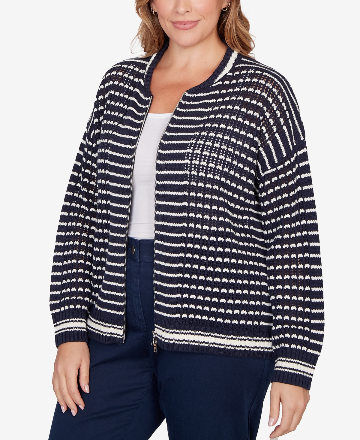Ruby Rd. Plus Size Mesh Stitch Zip Sweater Jacket In Blue