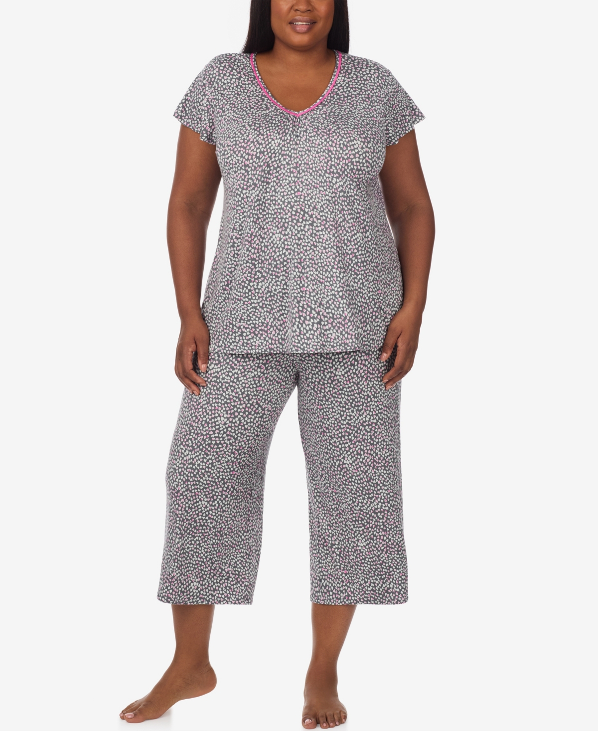 Ellen Tracy Plus Size Cap-sleeve Top And Cropped Pajama Pants, 2-piece Set In Gray