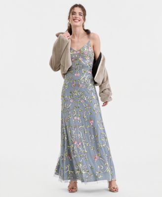 Juniors' Floral Sequin Sleeveless Mesh Gown