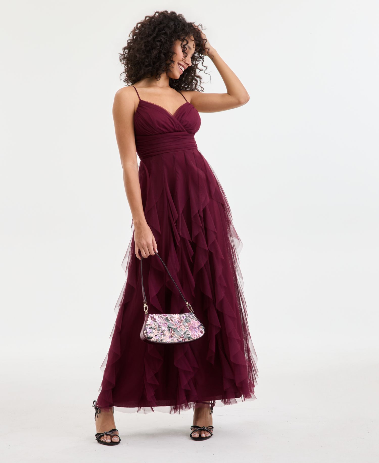 Juniors' Strappy V-Neck Lace Ball Gown