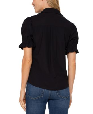 Women's Elbow Puff Sleeve Snap Front Collar Top