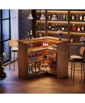 L-Shaped Kitchen Island, with Storage Shelves & Wine Glass Holder, Brown