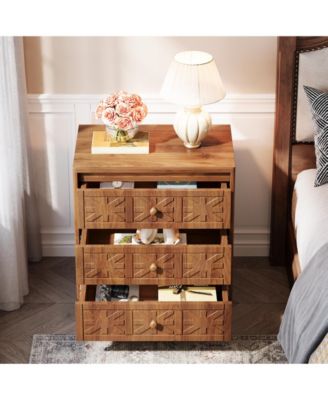 Nightstand with 3 Drawers, Farmhouse Bedside Table with Elegant Patterns, Brown