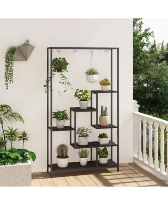 6-Tier Tall Plant Stand 71 Inch Metal Indoor Plant Shelf with 10 Hanging Hooks-Black