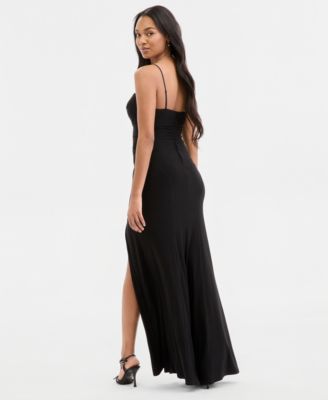 Juniors' Spaghetti Strap Cowlneck Slit Gown 