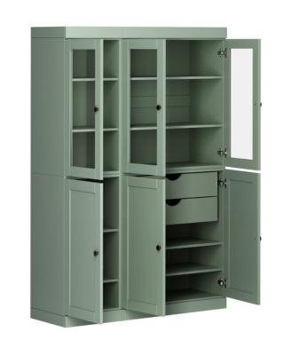 100% Solid Wood Pantry Cabinet, Shaker & Clear Glass Doors, 2 Drawers, Adjustable Shelves, 48.5" Wide, 71.5" Tall