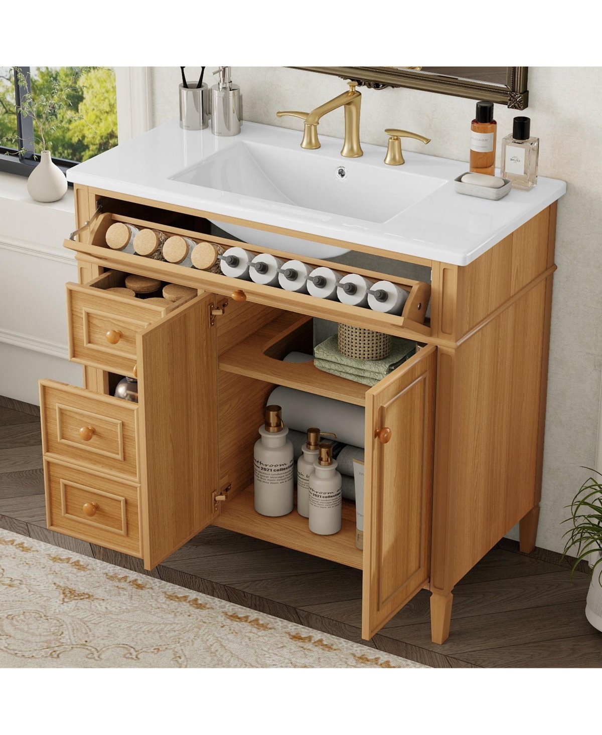 Boyel Living 36" Bathroom Vanity with Sink, Wood Vanity Cabinet with Flip-Out Drawer, Solid Wood & Mdf, Elegant Rubber Wood Handles
