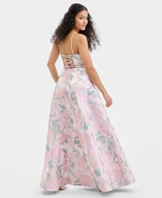 Juniors' Jacquard Lace-Up-Back Gown