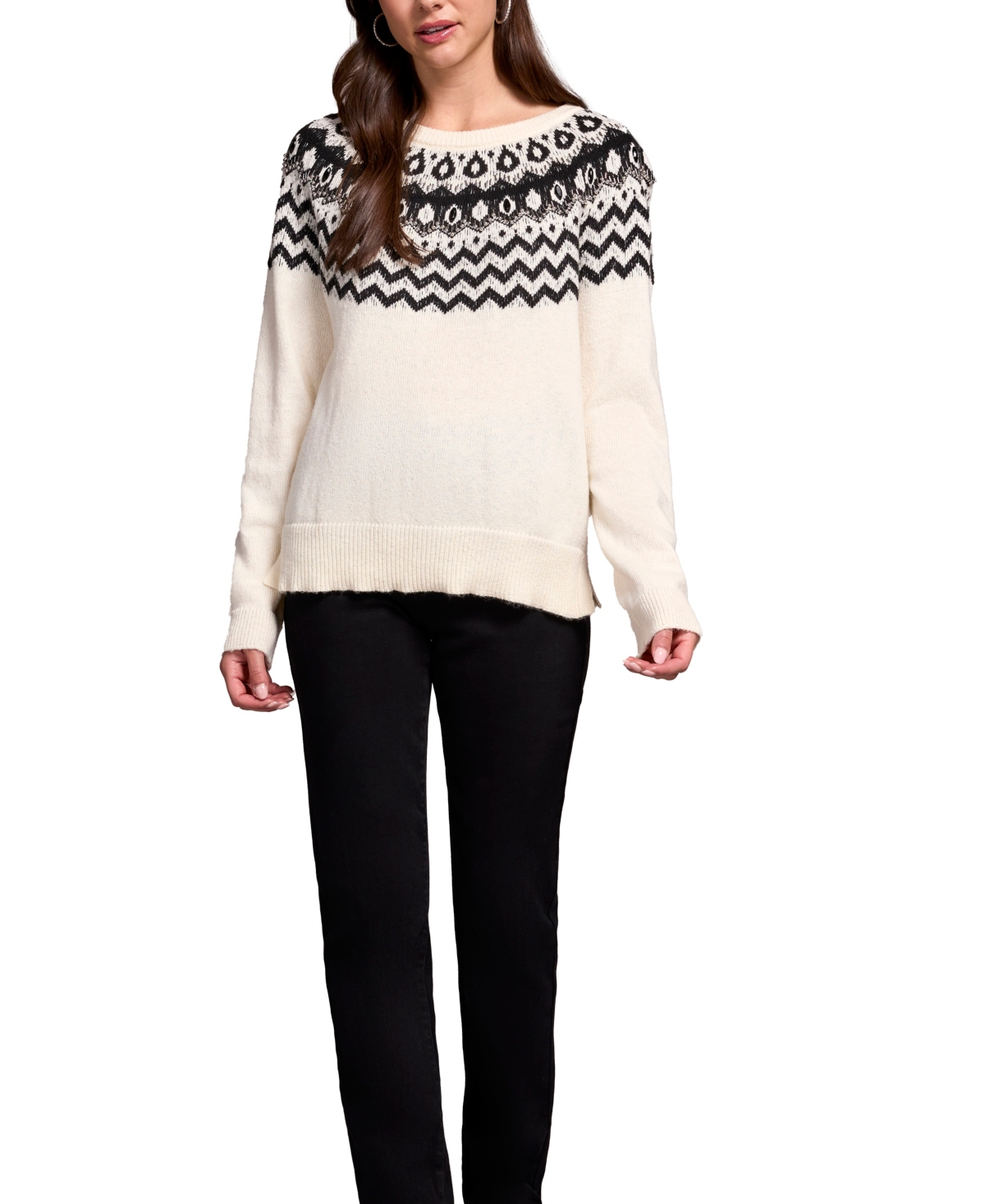 Tribal Women's Soft Beaded Fair Isle Scoop Neck Sweater In White