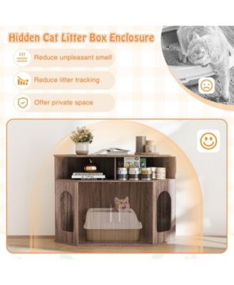 3-Tier Modern Corner Cat Litter Box Enclosure w/ Storage Shelves Double Doors