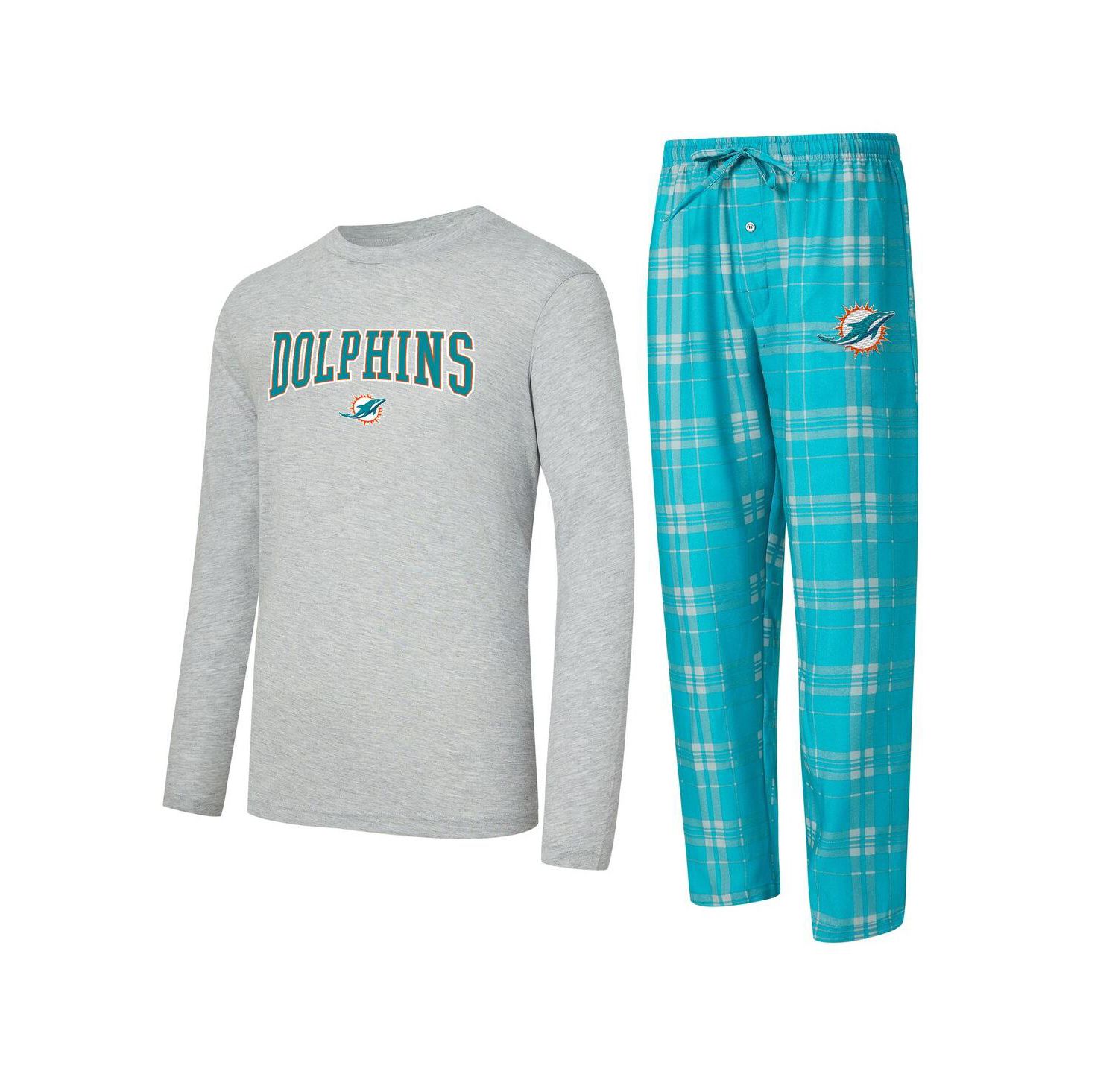 Men's 2-Piece Aqua/Gray Miami Dolphins Regulate Long Sleeve T-Shirt and Plaid Pants Set
