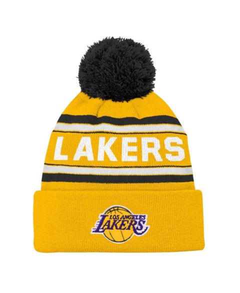 Outerstuff Big Boys and Girls Gold Los Angeles Lakers Backboard Jacquard Cuffed with Pom Knit Hat