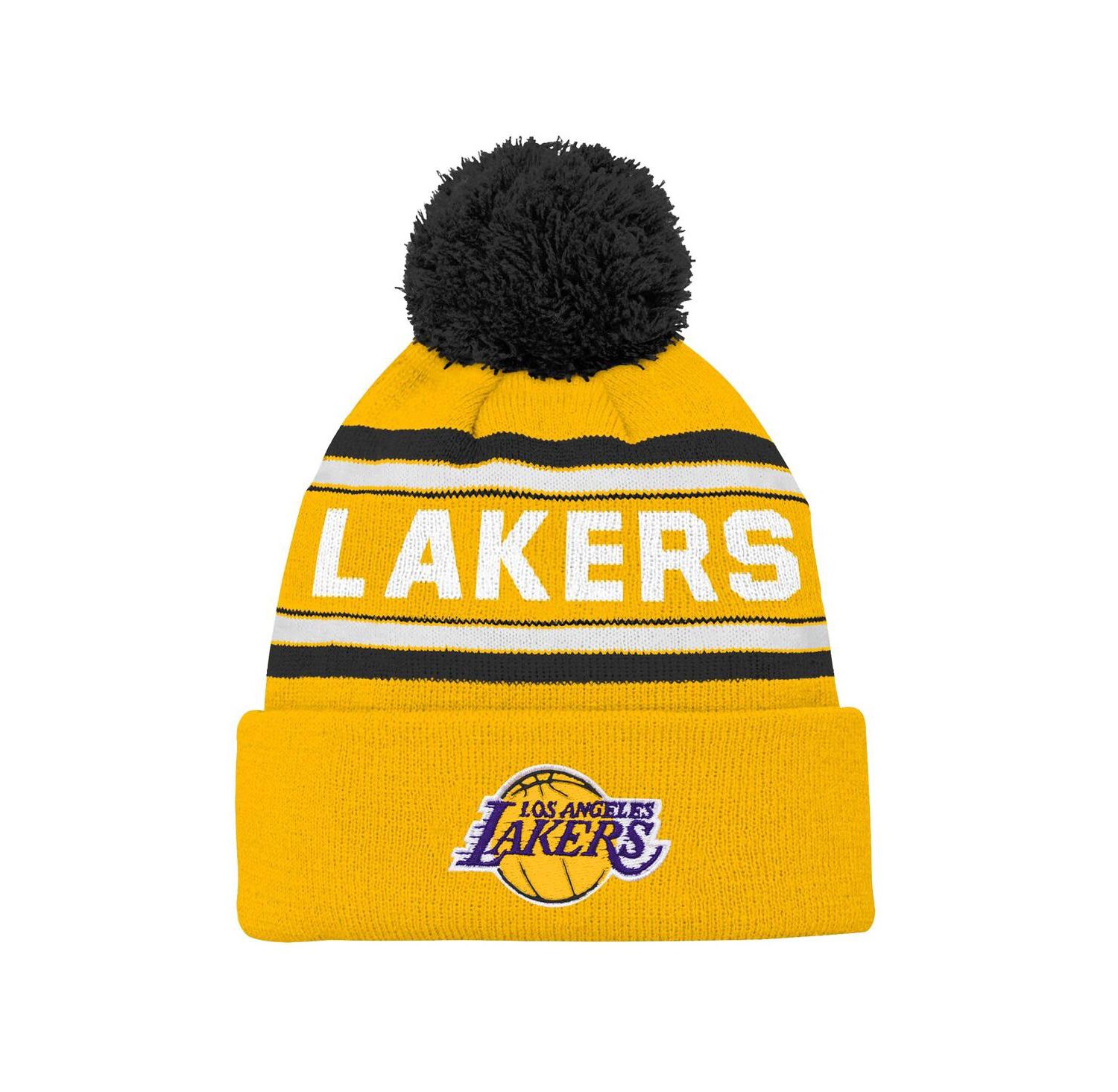 Big Boys and Girls Gold Los Angeles Lakers Backboard Jacquard Cuffed with Pom Knit Hat