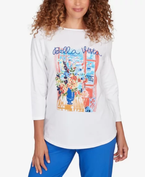 Petite Bella Vista Crew Neck Top - White Multi
