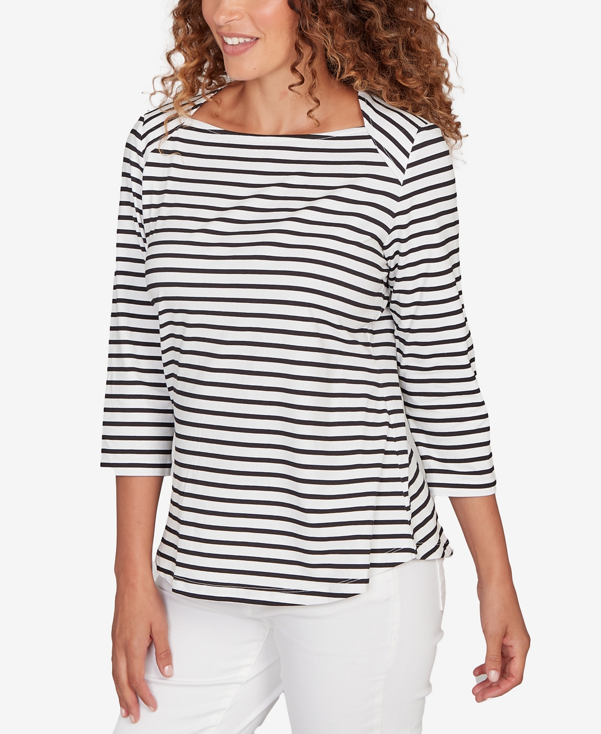Ruby Rd. Petite Classic Marine Stripe Knit Top In White