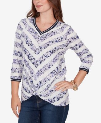 Petite Floral Stripe Twist Front Knit Top