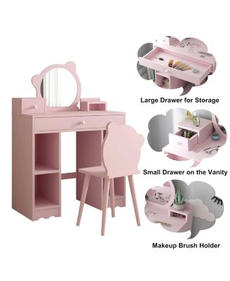 Kids Wooden Play Vanity Set with Vanity Table, Mirror