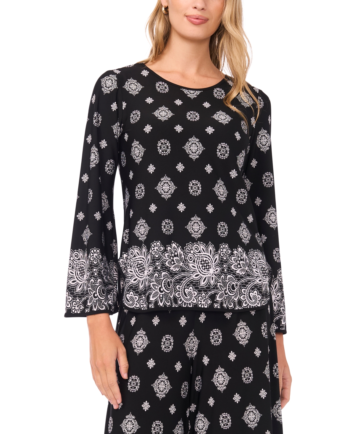 Sam & Jess Women's Slit Bell-sleeve Crewneck Top In Black